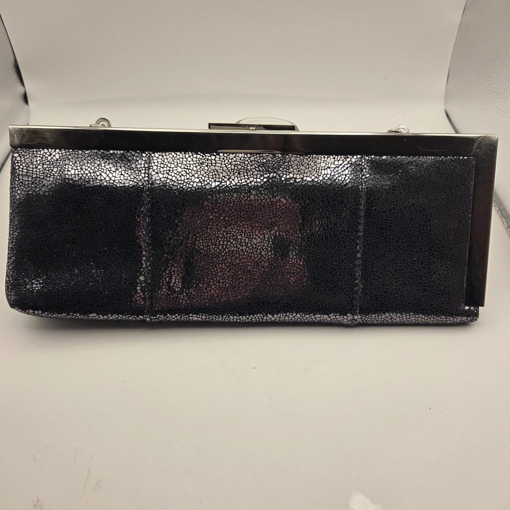 Calvin Klein Metallic Crackle Evening Clutch Bag Silver Gunmetal Frame Chain...